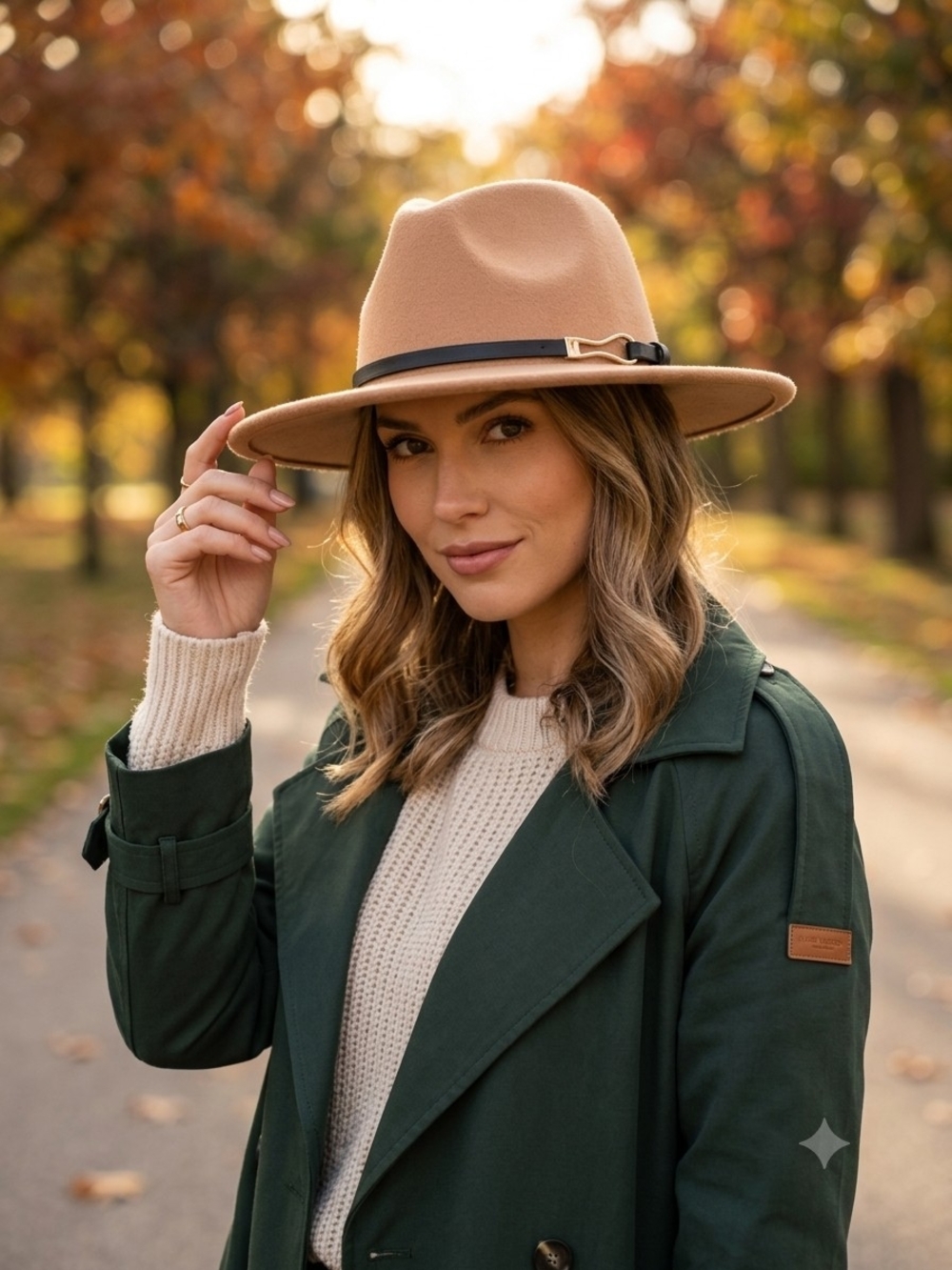 Womens Wide-Brim Hat in Camel with Black Band - Picture 2 of 6